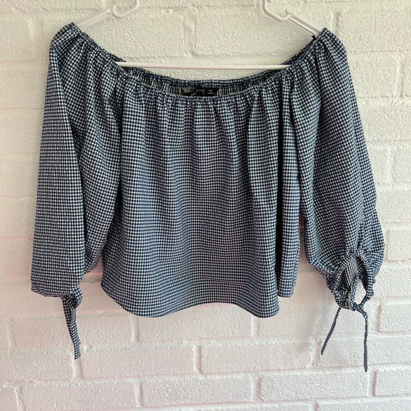 ZARA gingham cropped puff sleeve tie sleeve off shoulder blouse blue&white XS - Picture 5 of 7
